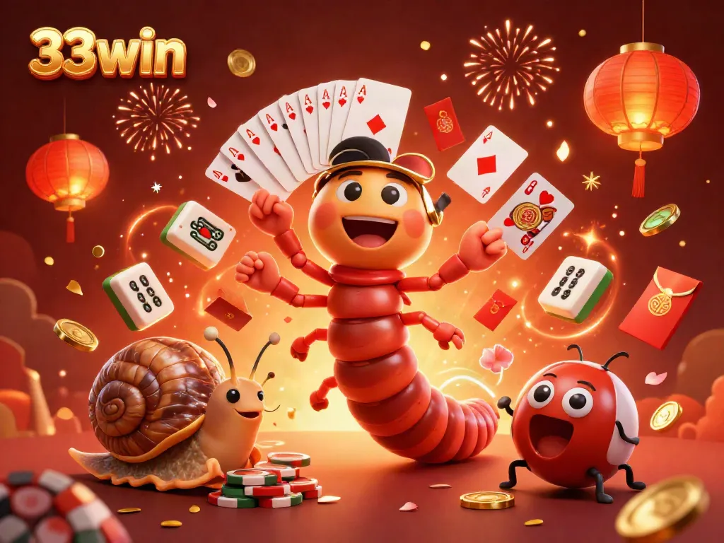 Experience the excitement at 33win with a vibrant 3D casino scene featuring unique characters and game elements.