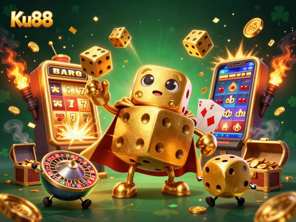 Experience thrilling gaming action at Ku88 with golden dice, a jackpot slot machine, and more!