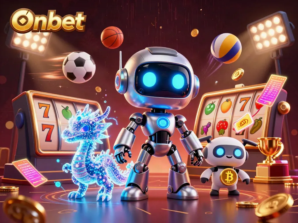 Engage with thrilling action at Onbet, featuring a vibrant robotic mascot and dynamic gaming elements.