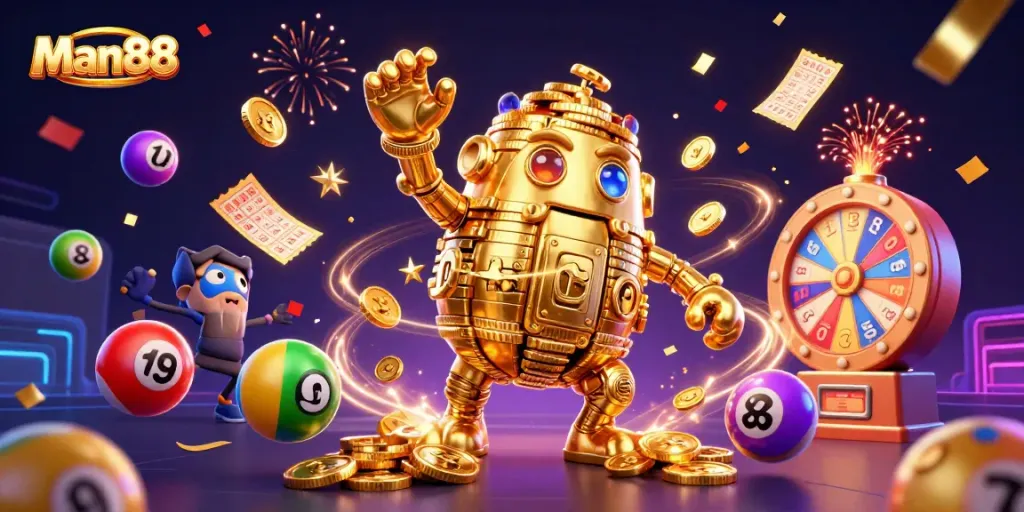 Man88 celebrates excitement with a vibrant 3D casino scene full of dynamic game elements and engaging visuals.