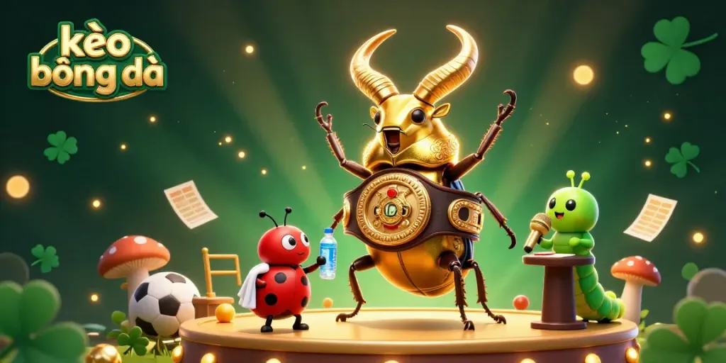 Engage in thrilling kèo bóng đá action with a dynamic scene featuring a giant stag beetle boxing champion and sports betting elements.