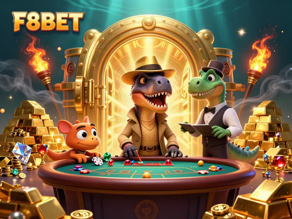 Experience the thrill of gaming at F8BET with lively characters amidst a treasure of games and wins.