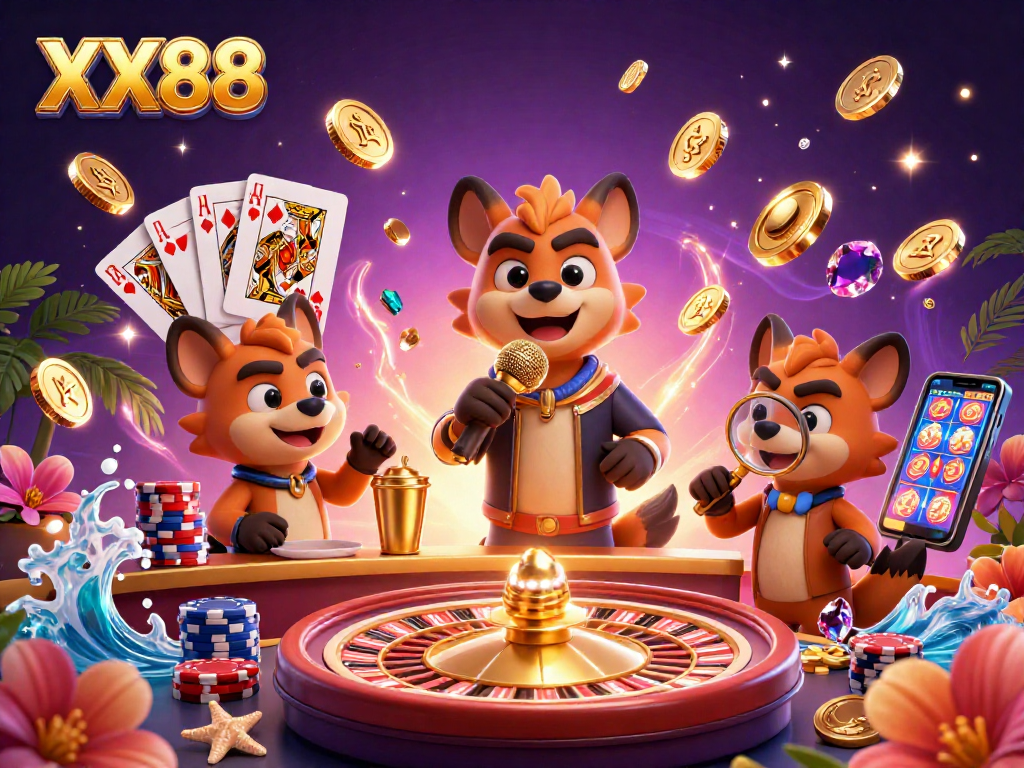 Experience the lively comedy atmosphere of XX88 Casino with hyenas entertaining and winning at games.
