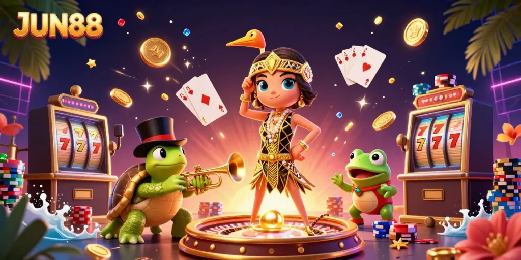 Engage in thrilling casino games at JUN88 featuring lively characters and rich gaming elements.