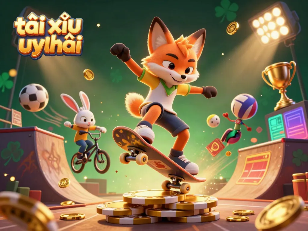 Engage in tài xỉu uy tín action with 3D cartoon characters, dynamic sports elements, and vibrant casino graphics.