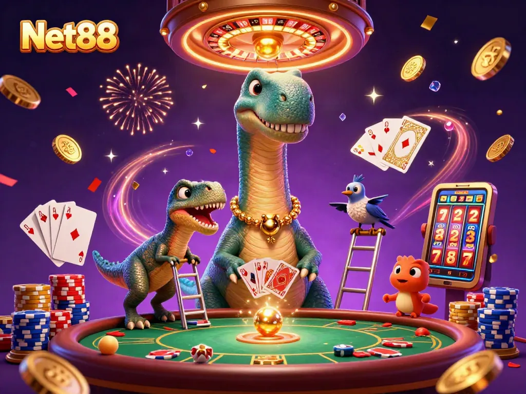Engage in exciting gaming at Net88 with a dynamic scene of a friendly dinosaur and raptor dealer.