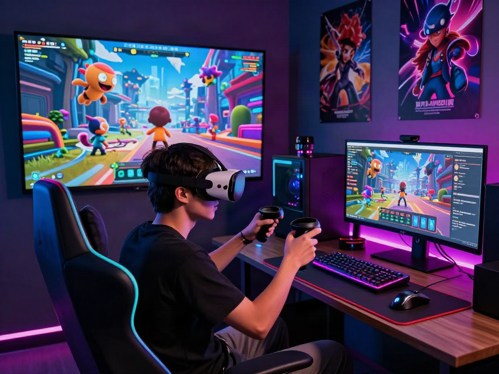 Immersive porngame experience with a gamer using VR in vibrant digital landscape