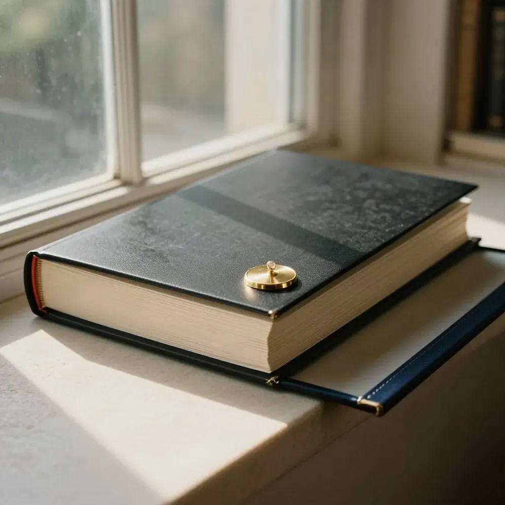 Cream legal sheets in a black folio beside a brass seal on a stone ledge.