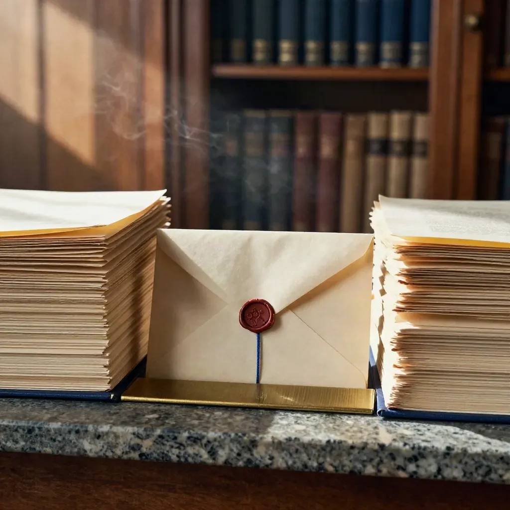 Cream correspondence stacks, brass divider, and sealed wax envelope in warm legal office light.