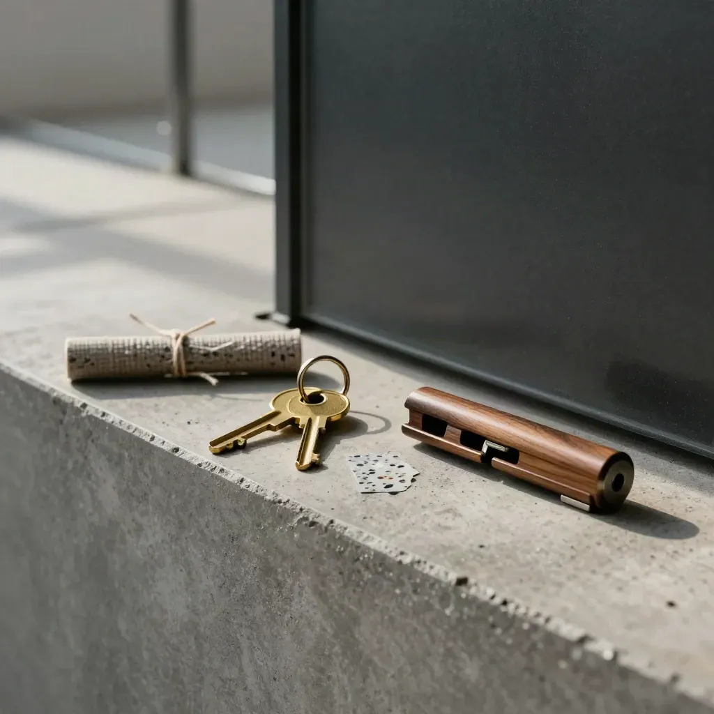 Brass key ring, lease tube, tile sample, and door latch on concrete beside a glazed partition.