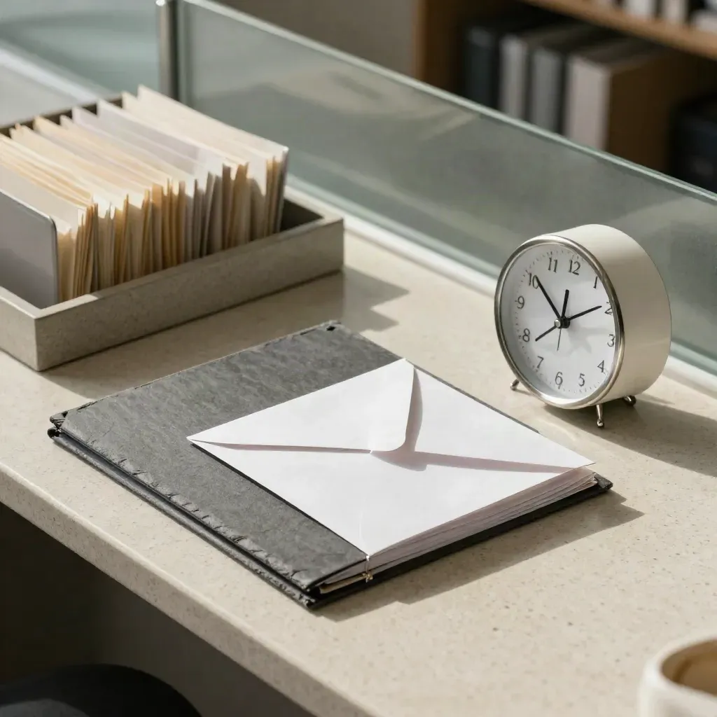 Top-down HR employment pack on travertine with binder, handbook, exit envelope and clock.