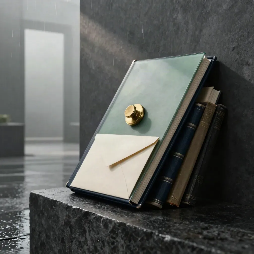 Legal materials installation on stone plinth in rain-hazed modern interior, navy and brass accents.