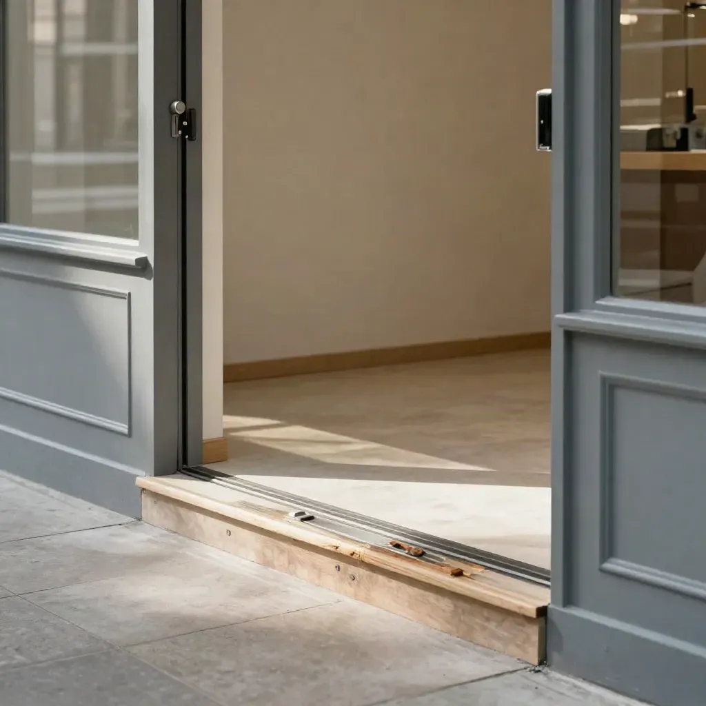 Empty shopfront interior with repaired threshold, fresh lock cylinder and sunlit glass frontage.