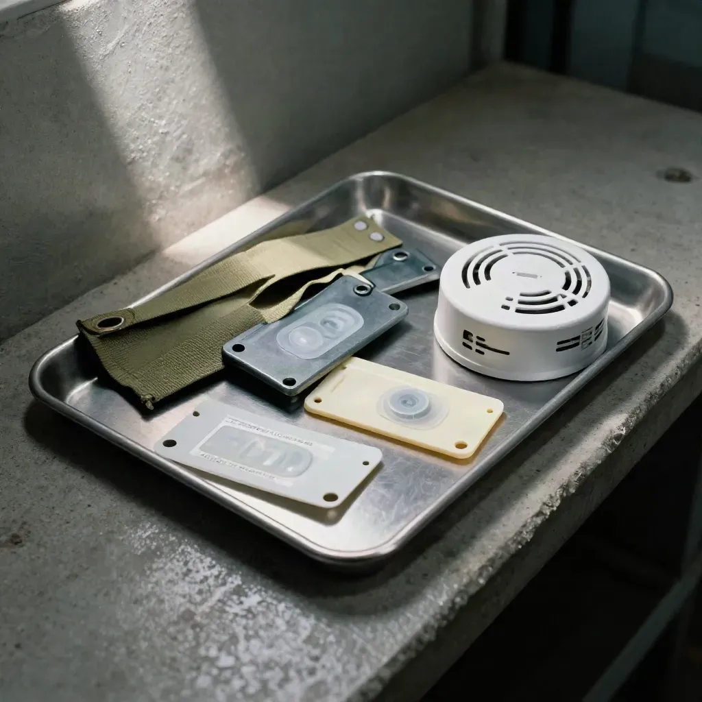 Compliance tags, fire alarm detector, tamper seals and audit tray on a dim service bench.