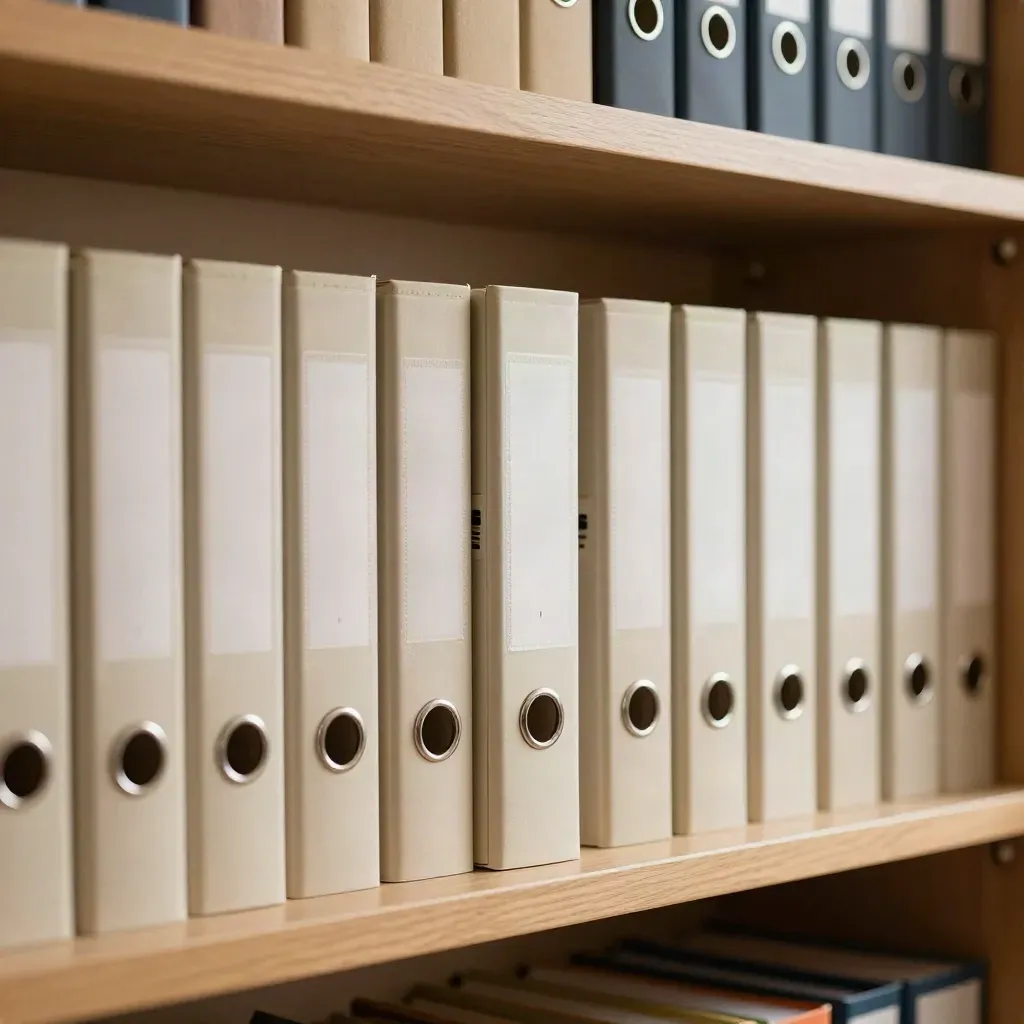Neatly lined policy binders on a law office shelf in warm daylight