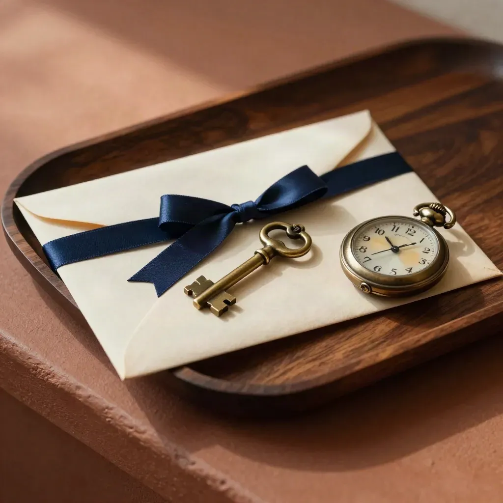 Probate set with envelope, estate file, key and pocket watch on a walnut tray.