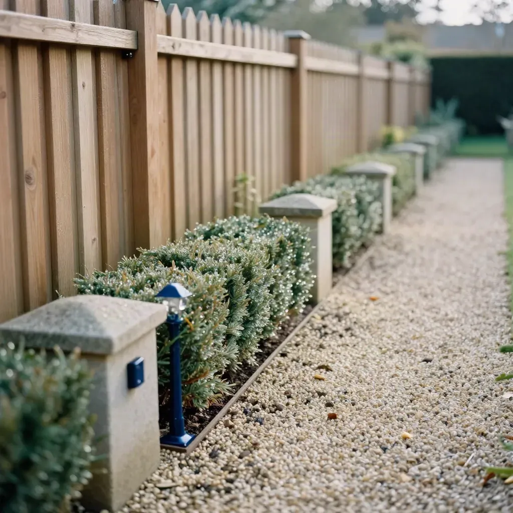 Fresh timber fence line with stone markers, hedge edge, gravel strip, and light mist