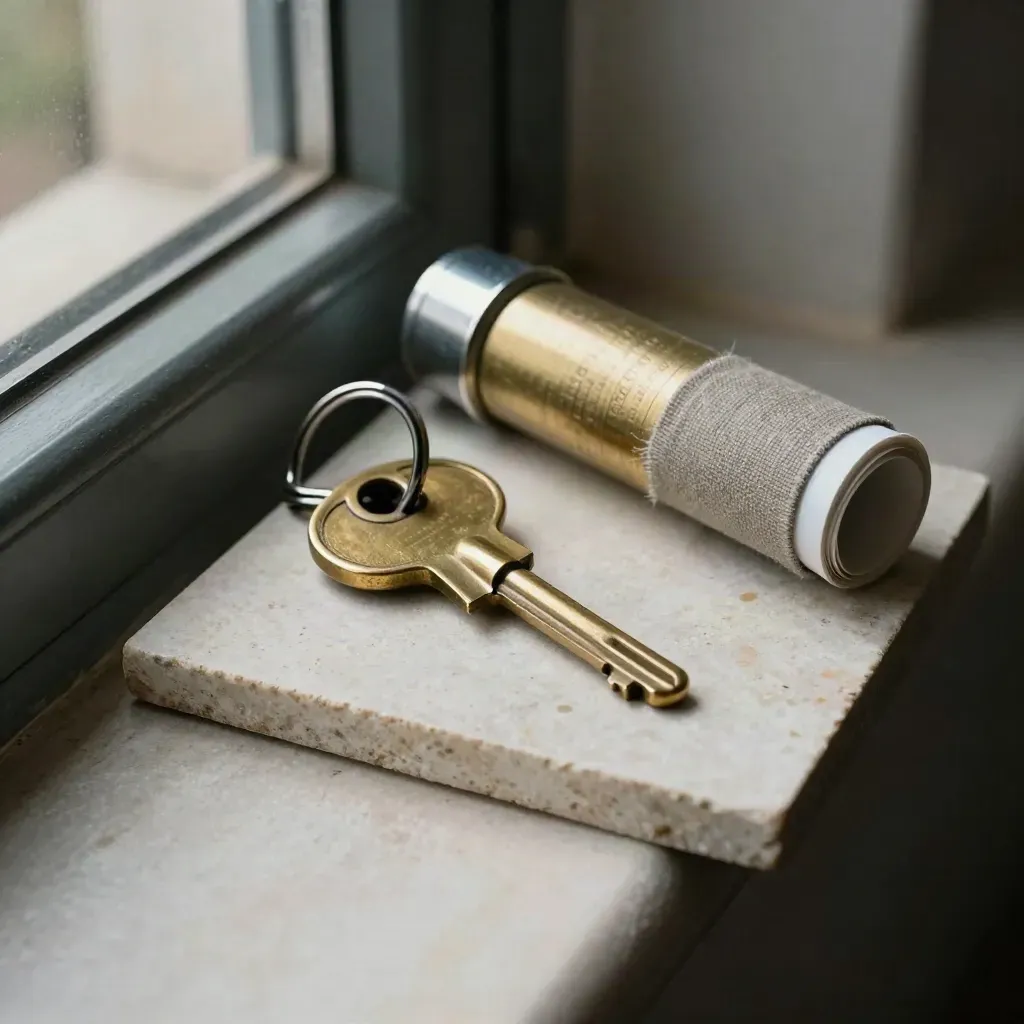 Brass key ring, lock cylinder, stone tile and rolled plan tube on a cool stone surface.