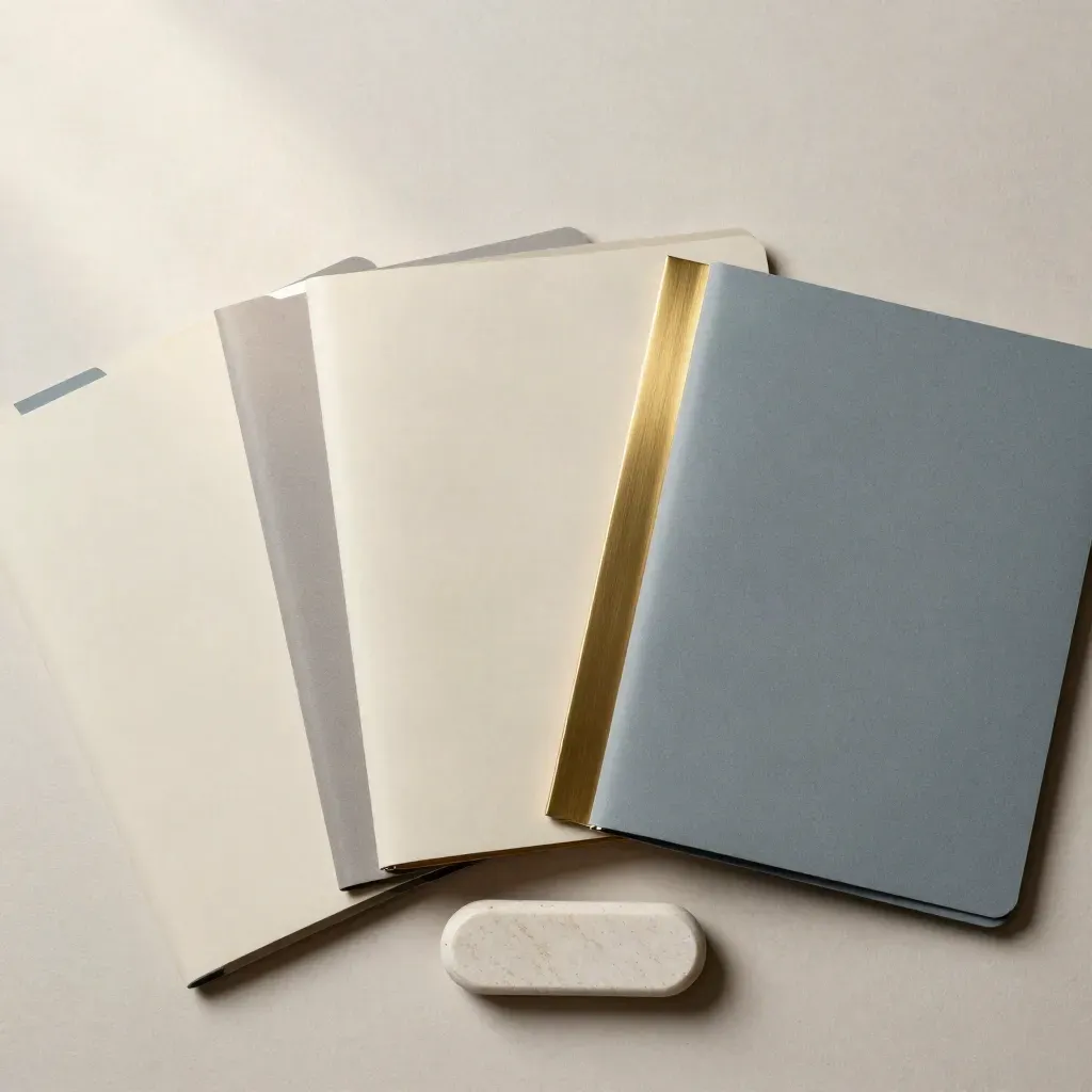 Three closed legal folders with brass divider and stone weight on a pale plaster surface.