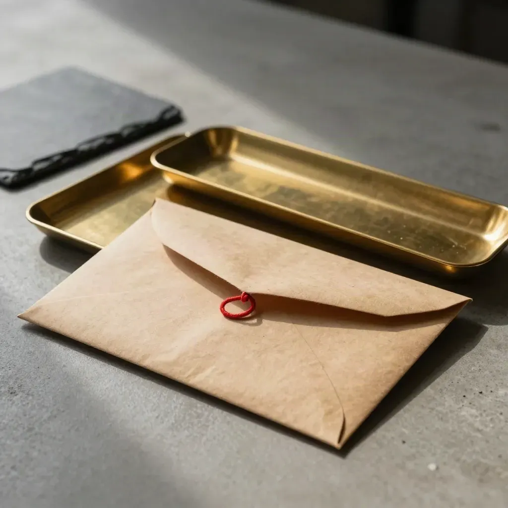 Kraft envelope sliding into a brass tray with a red cord on cool concrete, softly lit
