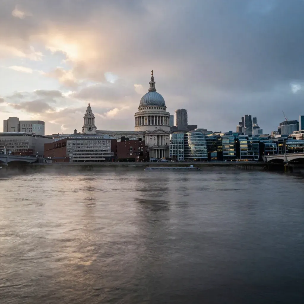St Paul’s and the City skyline above a misty Thames at blue hour after rain.