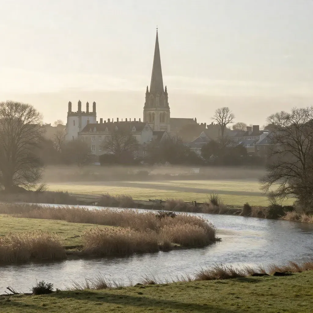 Oxford spires above misty floodplain meadows and a silver river at dawn