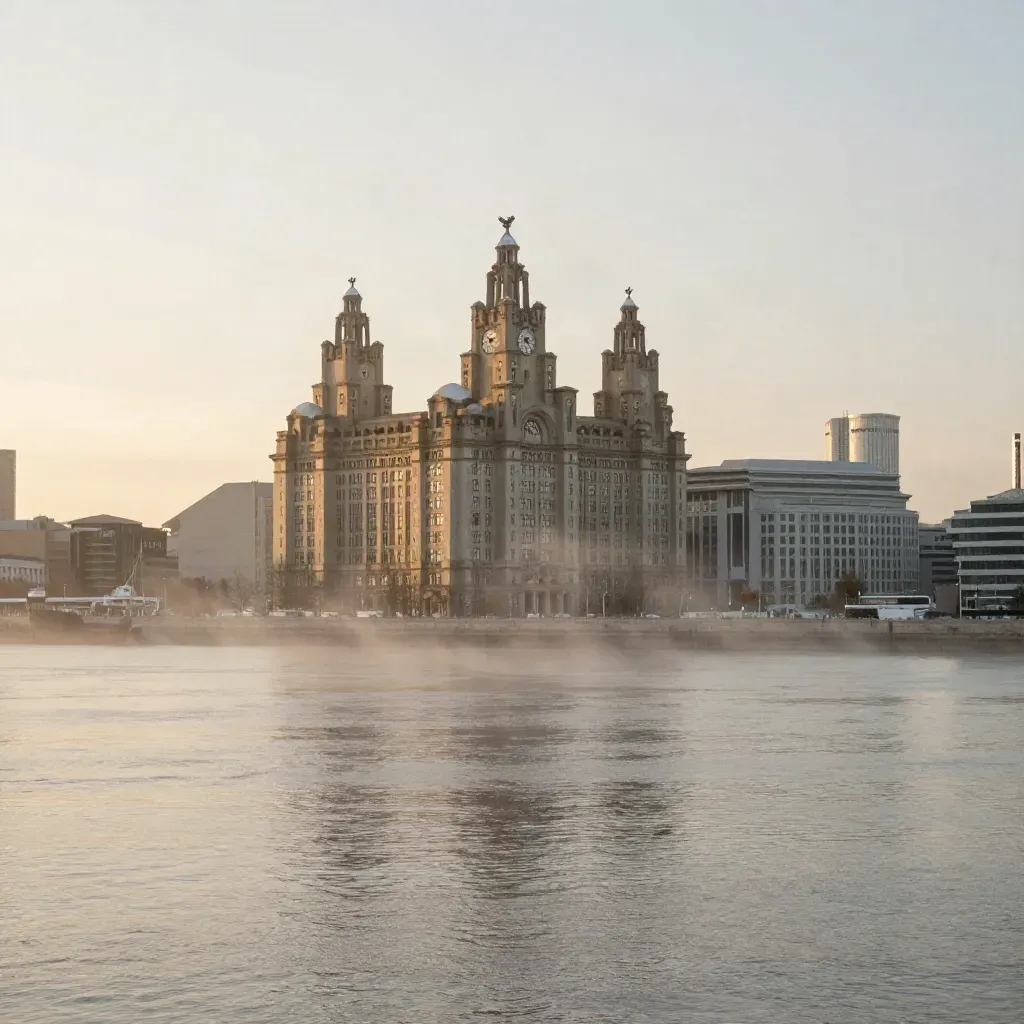 Liverpool waterfront at sunset with the Three Graces above a misty Mersey