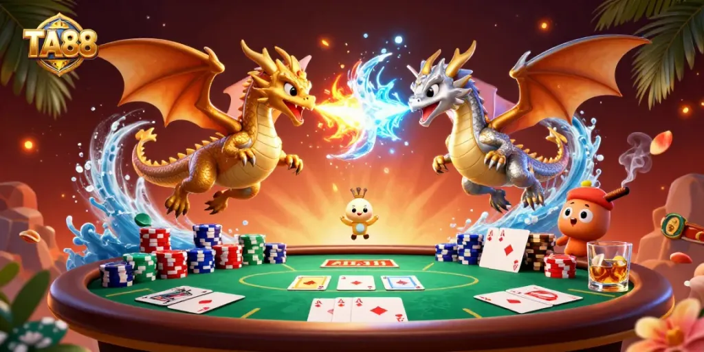 Engage with TA88 for thrilling poker action amid fiery dragons and vibrant casino elements.