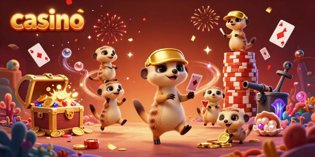 Animated meerkats engaging in various casino activities while surrounded by vibrant underwater themes and celebration effects.