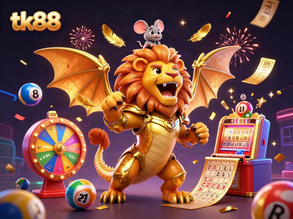 Experience the vibrant world of tk88 through a dynamic 3D illustration with a roaring chimera, lottery elements, and festive confetti.