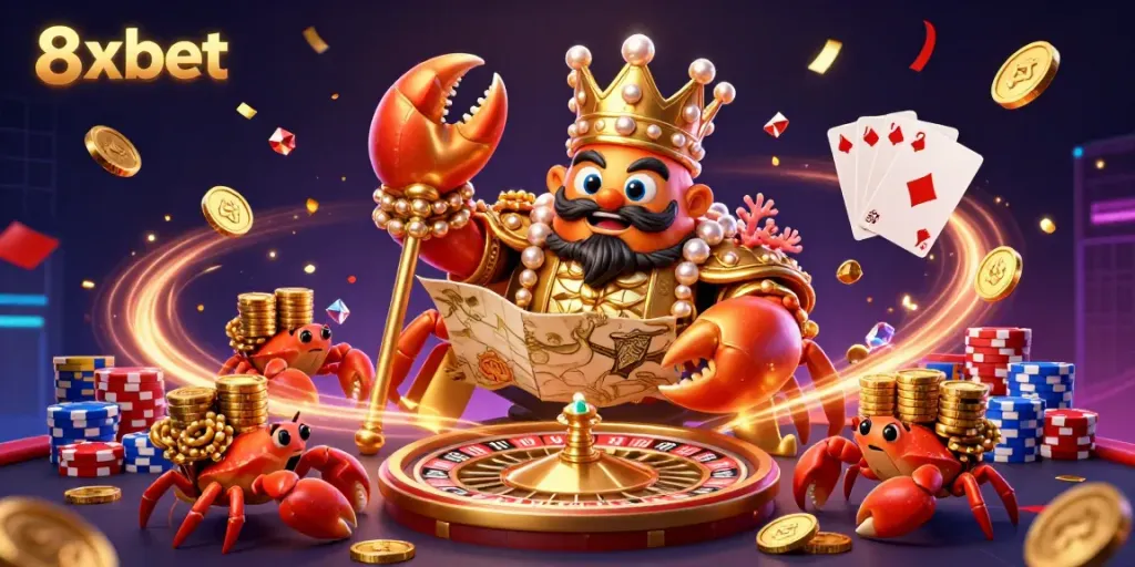 Experience the thrill of winning at 8xbet with vibrant illustrations that depict a golden crab emperor leading a dynamic casino scene.