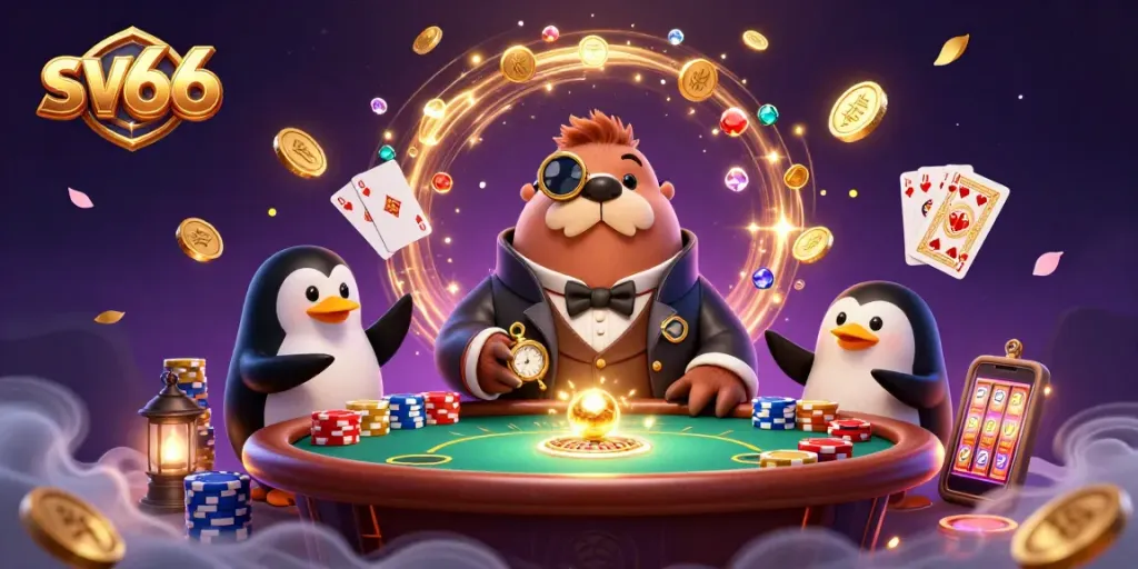 Experience exciting gaming at sv66 with a poker table setup featuring unique 3D characters.