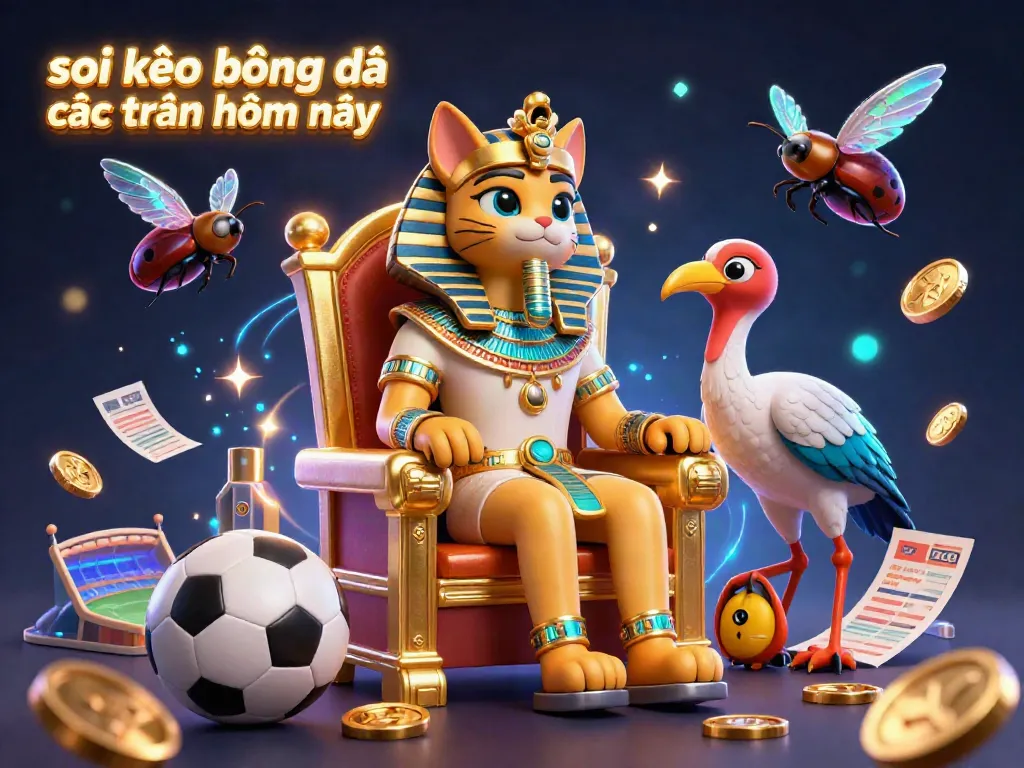 Soi kèo bóng đá các trận hôm nay illustrated with a pharaoh cat and sports betting elements like soccer balls and betting slips.