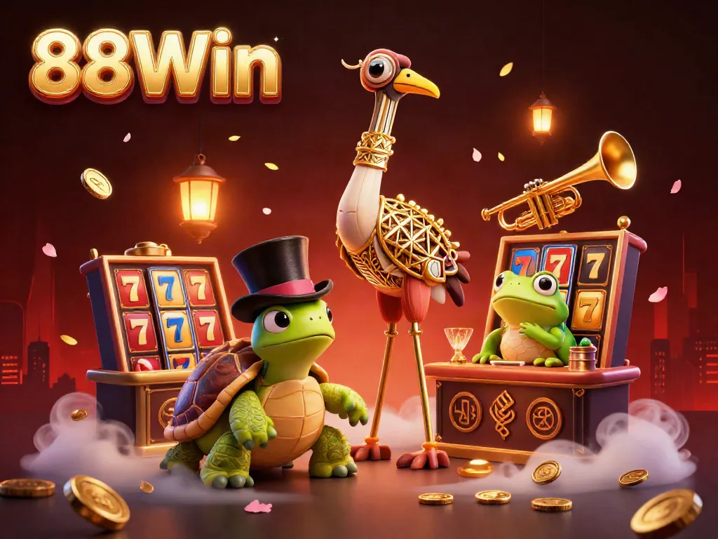 Engage with thrilling 88Win gaming atmosphere, featuring whimsical characters and vibrant casino elements.