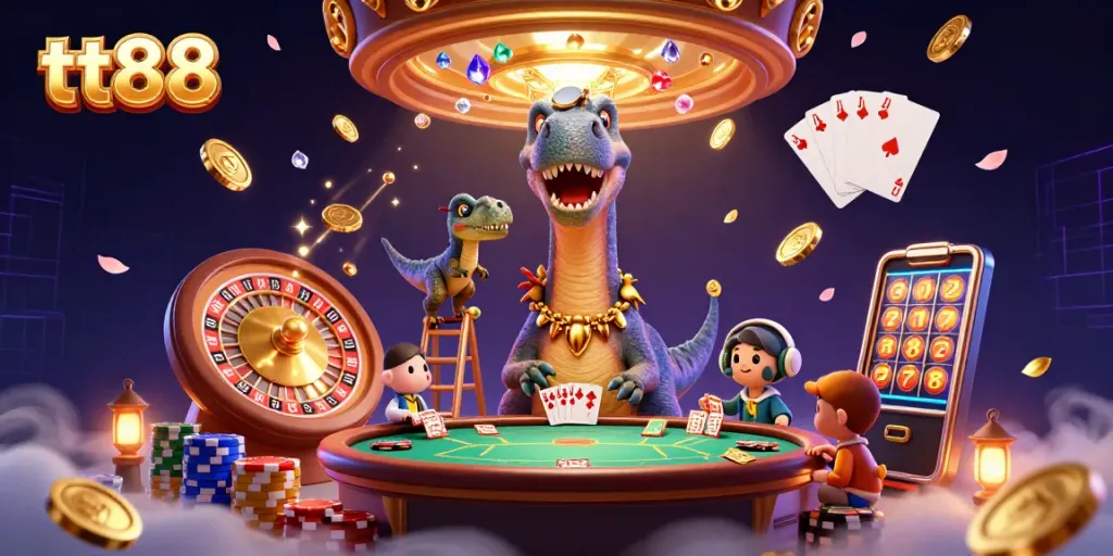 Engage in thrilling gameplay at tt88 with a vibrant cartoon casino scene featuring exciting slots and card games.