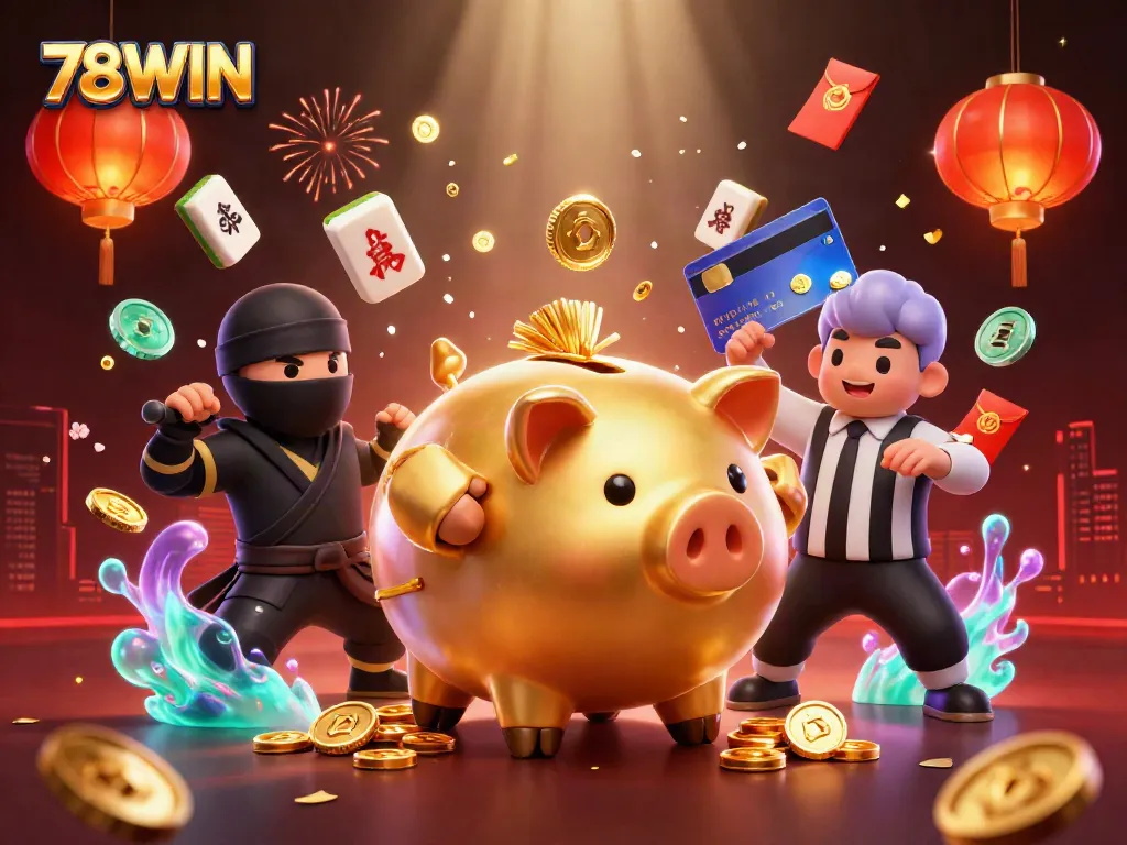 Engage in thrilling gameplay action with 78WIN at a vibrant casino scene featuring golden piggy bank and dynamic characters.
