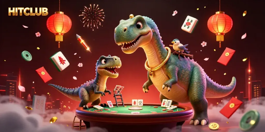 Experience HITCLUB with a vibrant casino scene featuring a brontosaurus and a raptor dealing cards.