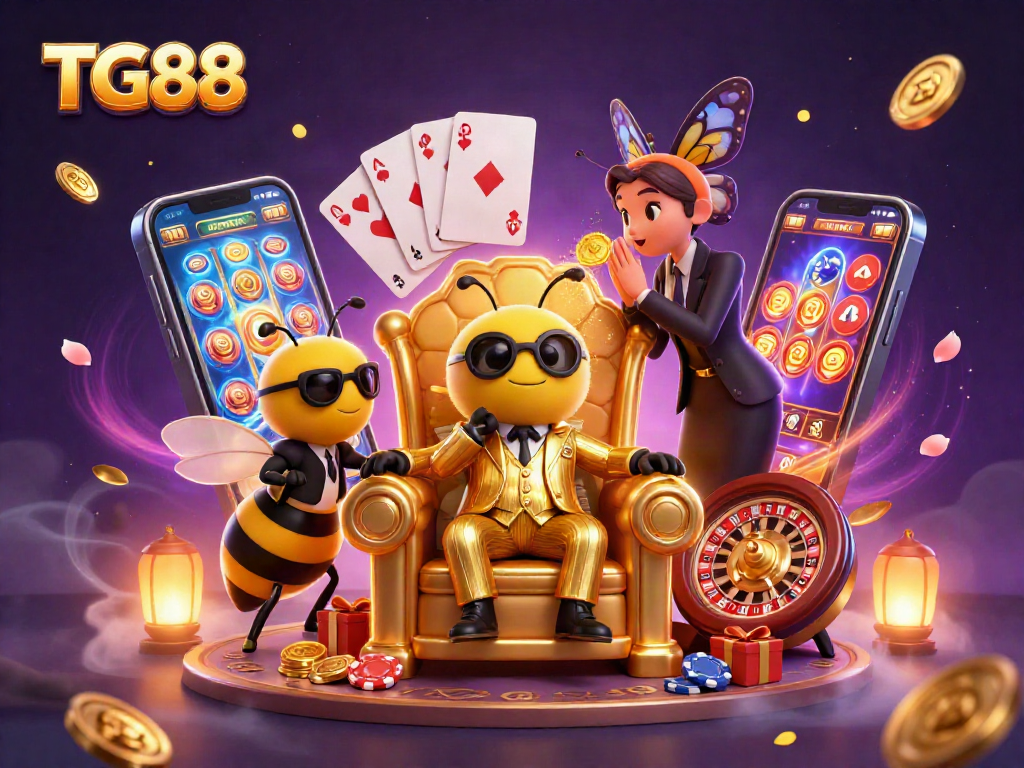 Experience the thrilling world of TG88 with a captivating 3D casino scene featuring dynamic characters and vibrant gambling elements.