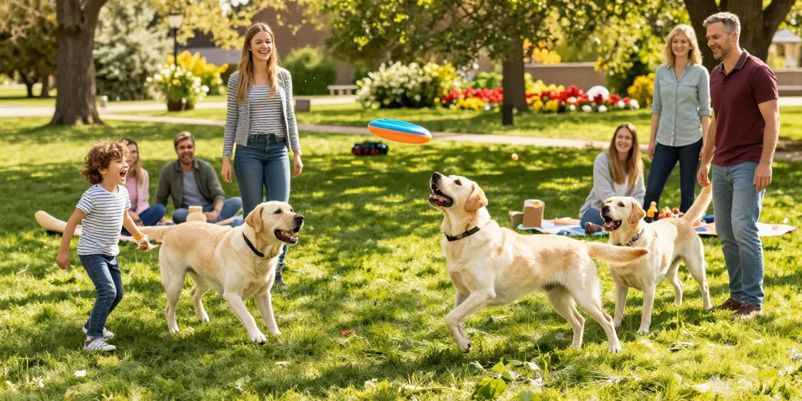 Joyful Mega Labrador Retrievers playing with family outdoors in a vibrant park setting.