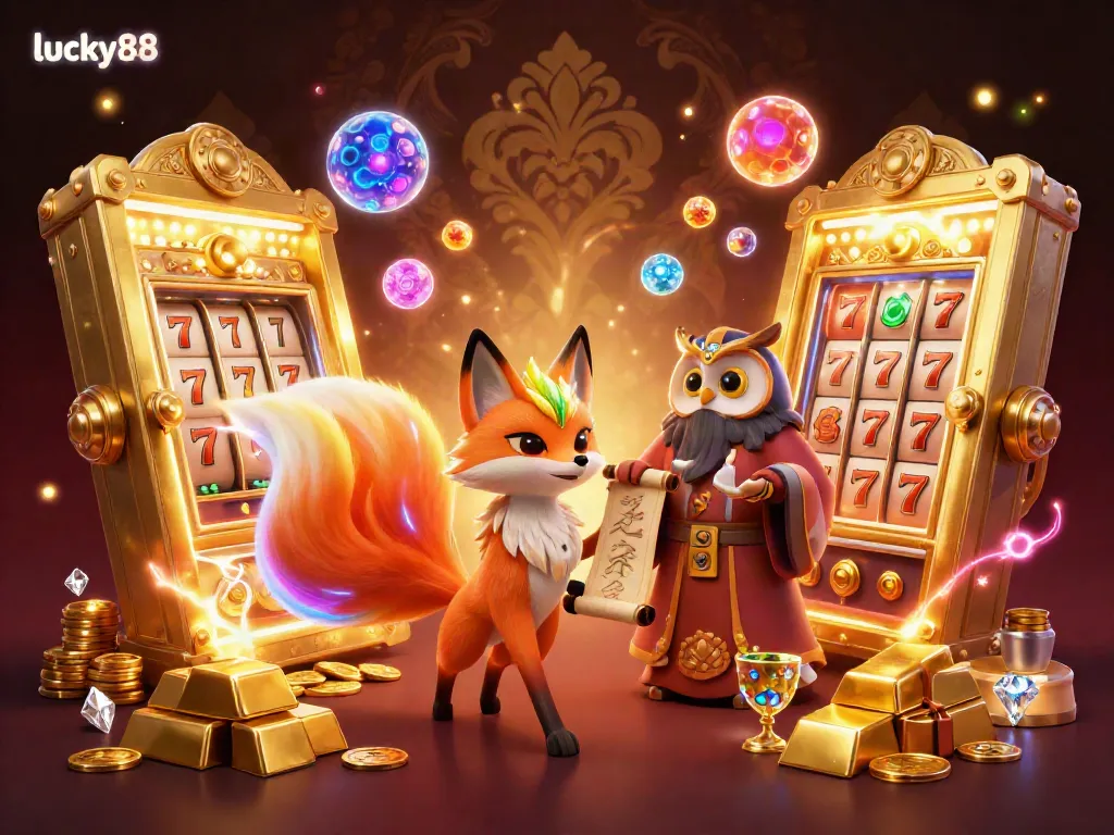 Experience luck with lucky88 as the nine-tailed fox and wise owl reveal a jackpot scene filled with treasures and colorful orbs.