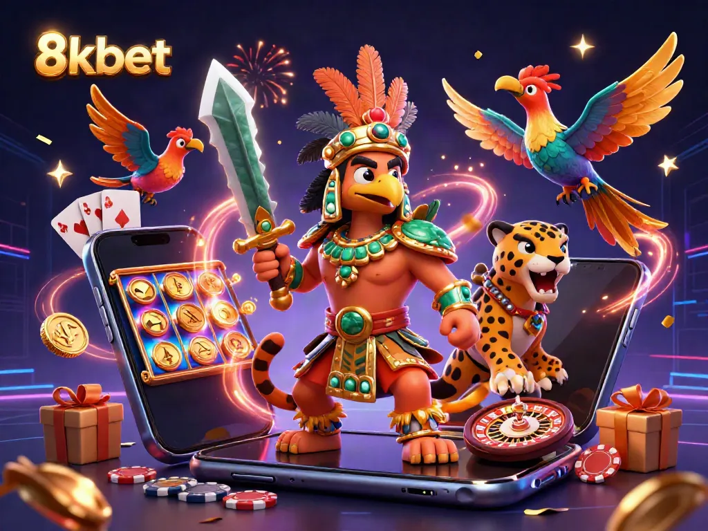 Engage with 8kbet's thrilling casino action featuring vibrant characters and dynamic gambling elements.