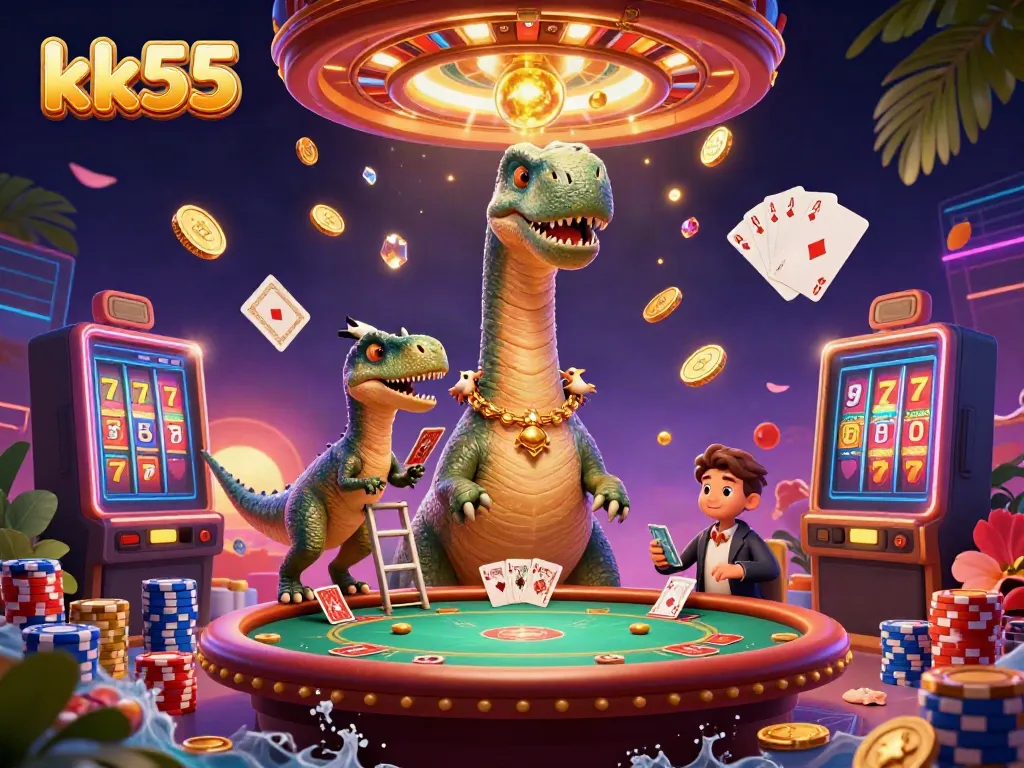 Experience thrilling gameplay with kk55 as a giant dinosaur overlooks a vibrant casino scene filled with cards, coins, and excitement.