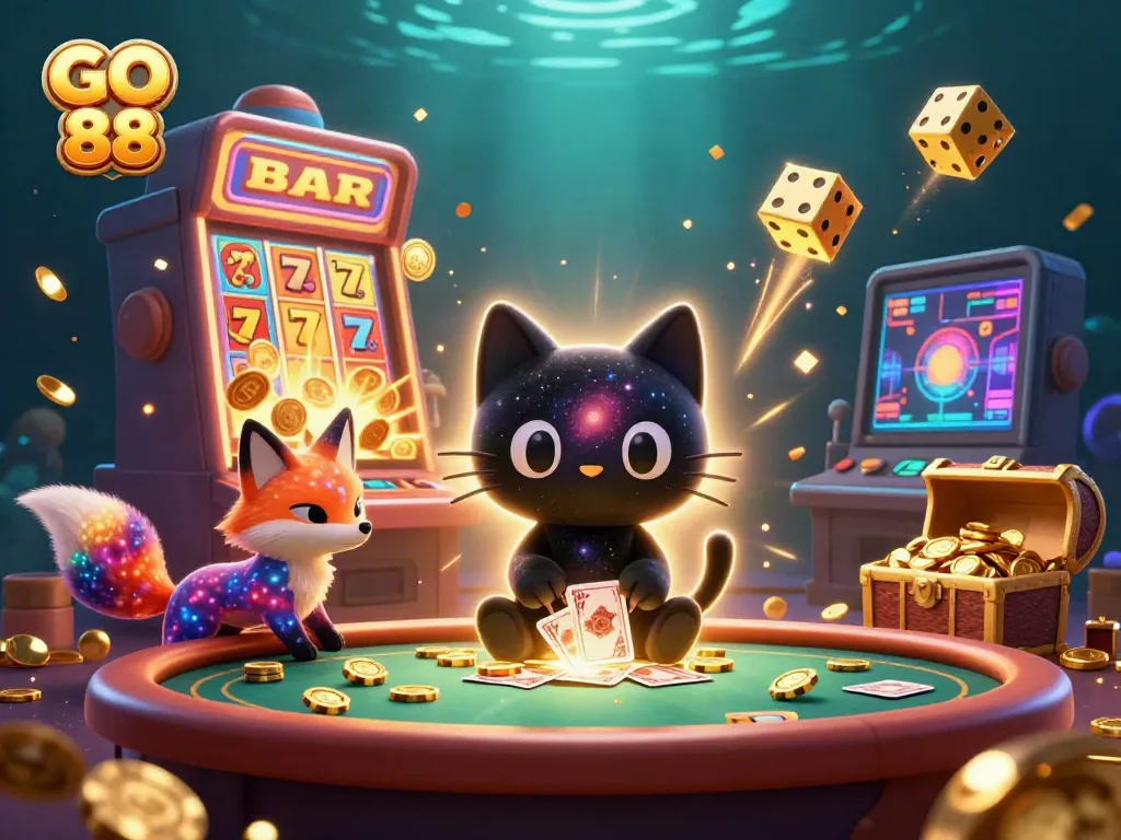 Engaging casino scene with GO 88, featuring a cosmic black hole cat and gas cloud fox, surrounded by dynamic gaming elements.