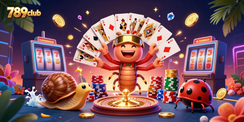 Engage in thrilling games at 789club with a cartoon dealer fanning cards amidst coins and gems.