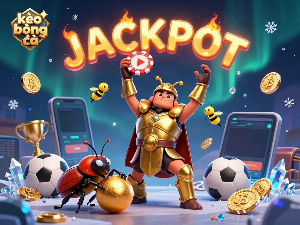 Engaging illustration of kèo bóng đá featuring a victorious beetle lifting a poker chip, amid a lively backdrop of sports and crypto elements.