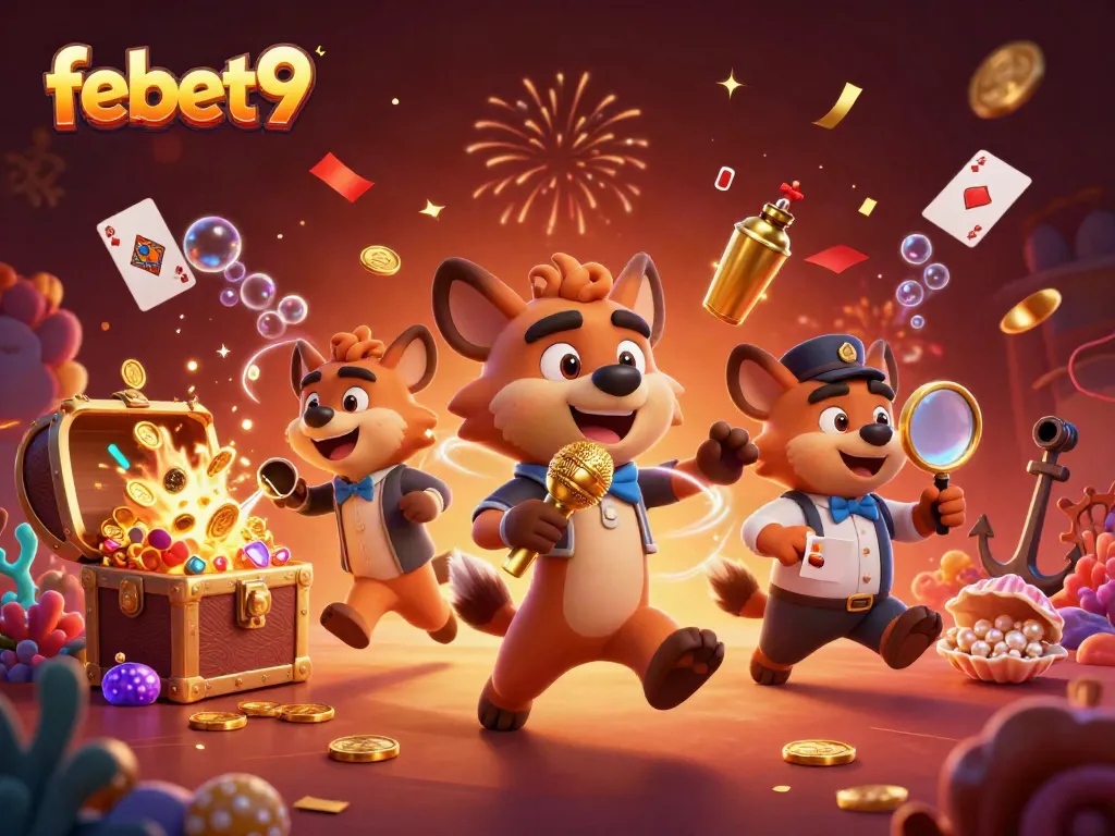 Experience excitement at febet9 in a vibrant cartoon casino scene filled with fun and games.