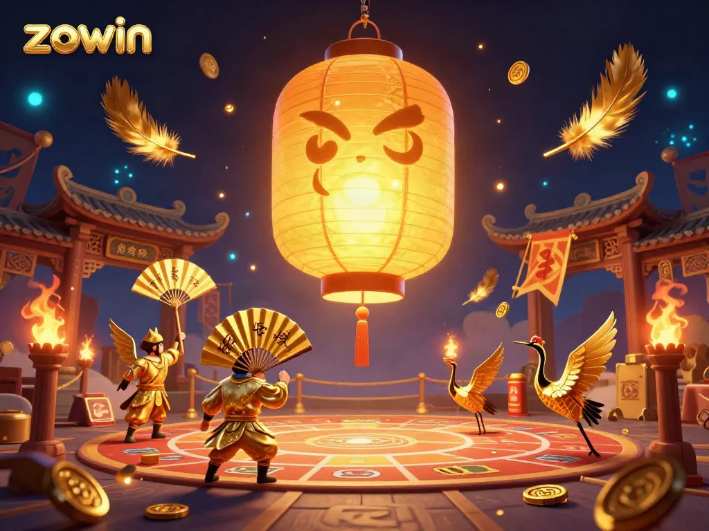 Experience the thrill of zowin with a vibrant casino scene featuring a luminous lantern spirit and lucky symbols.