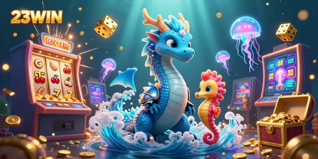 Experience the fun of 23WIN casino games with vibrant dragons, seahorse knights, and jackpots!