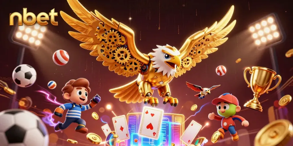 Experience the excitement of nbet with a diving cybernetic eagle soaring amidst dynamic gaming elements.