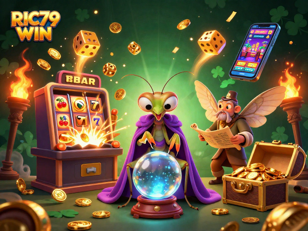 Spin and win with RIC79 WIN, featuring a mystical scene filled with slot machine excitement and enchanting characters.